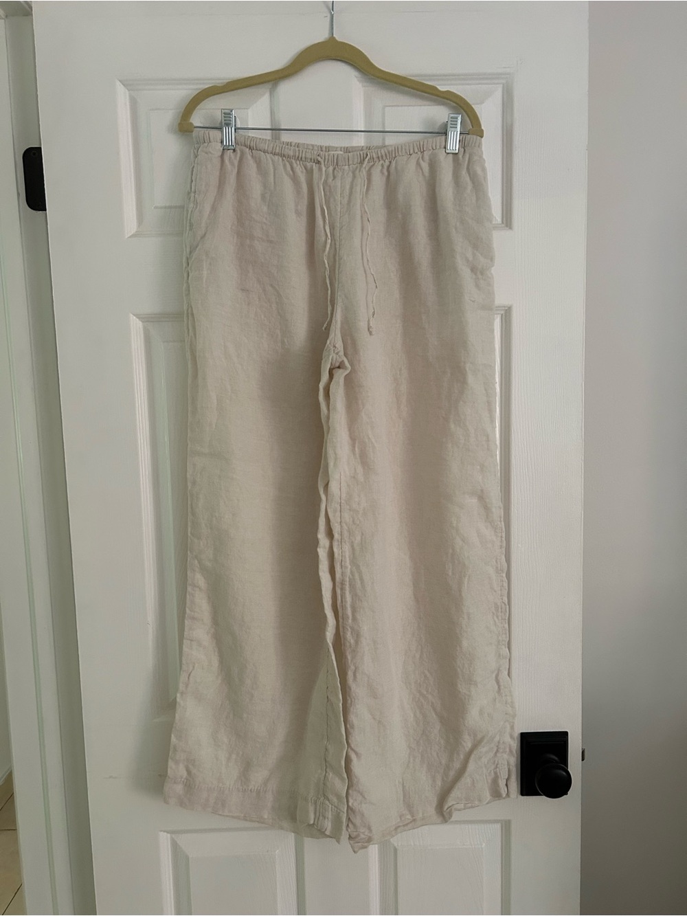 Light Beige Linen Wide-Leg Drawstring Pants